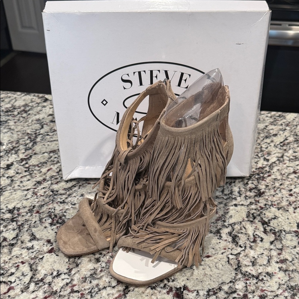 Steve Madden Grey Fringe Heeled Sandals